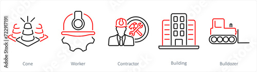 A set of 5 Build icons as cone, worker, contractor