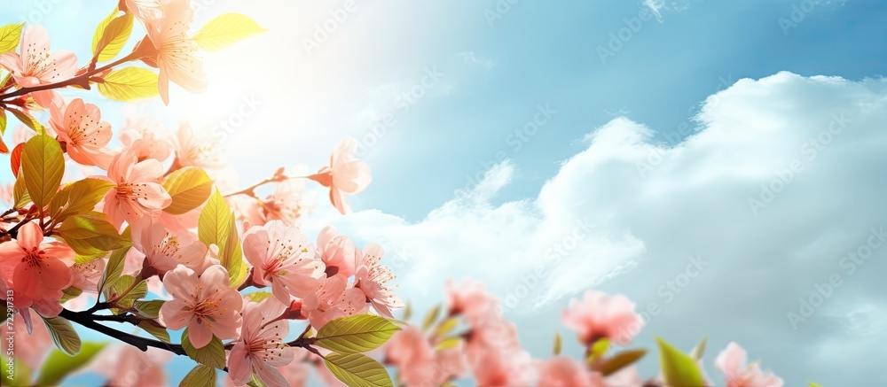 How beautifully the blue green purple flowers are blooming the leaves of the trees are green the green nature around is the open sky and the shining sun. Creative Banner. Copyspace image
