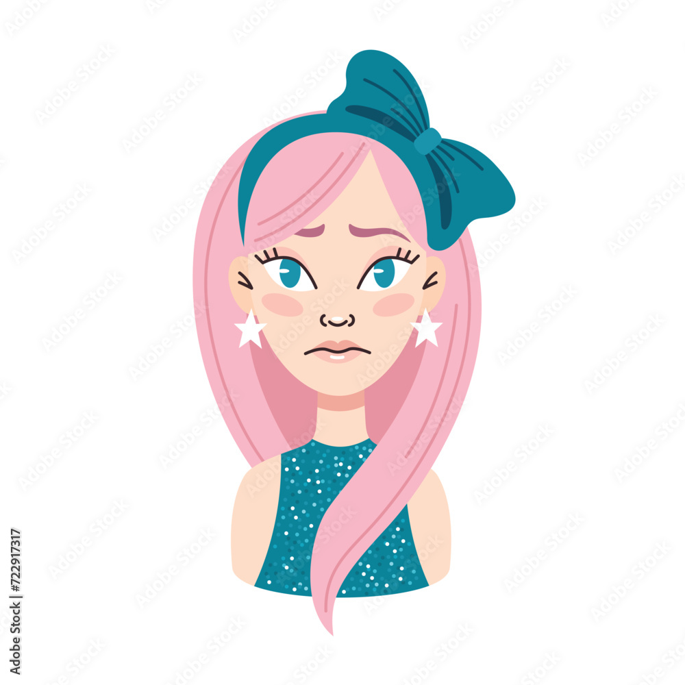 Young sad woman with pink hair. Bow in hair, star earrings.Emotions.Portrait, face, avatar.Cartoon vector illustration on a white background Young sad woman with pink hair. Bow in hair, star earrings.Emotions.Portrait, face, avatar.Cartoon vector illustration on a white background