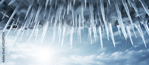 Icicles hang from the roof against the blue sky. Creative Banner. Copyspace image