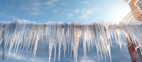 Huge icicles with sharp ends hang dangerously from the snow covered roof of a tall building in winter Spring thaw water drips from the icicles. Creative Banner. Copyspace image photo