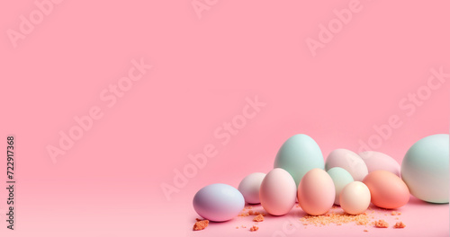 Pastel colors eggs is perfect exclude broken eggs.Pink background.Space for text.Generative AI photo