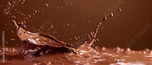 Chocolate milk splash isolated on brown background ,Liquid Elegance dessert delicious ,background ultrawide 21:9, banner cover graphic resource for ads.