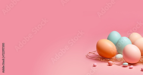 Pastel colors eggs is perfect exclude broken eggs closeup.Pink background.Space for text.Generative AI
