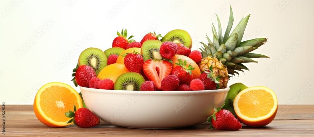 Fresh fruit salad with strawberry pineapple kiwi ananas and mint Delicious cut fruit in a bowl. Creative Banner. Copyspace image