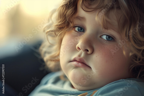 
sad overweight child portrait. problem of childhood obesity concept photo