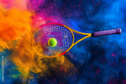  tennis racket hits the ball with color explostion on the cort © ALL YOU NEED studio