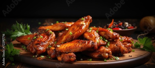 Hot Meat Dishes Grilled Chicken Wings with Red Spicy Sauce. Creative Banner. Copyspace image