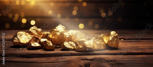 Gold nuggets scattered on a old wooden mining table Intentionally shot with extremely Shallow depth of field Soft focus. Creative Banner. Copyspace image