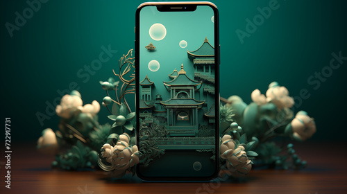 Mockup smartphone Chinese New Year, a festive digital display, showcases the cultural celebration in the palm of your hand, blending technology with tradition for a visually captivating and auspicious