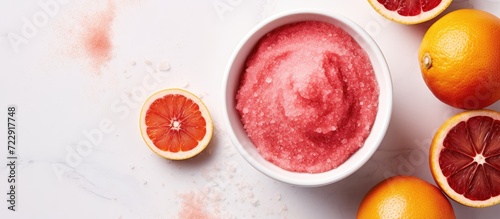 Fresh blood orange fruit grapefruit scrub in a small white bowl and wooden hair brush Homemade body exfoliation natural beauty treatment and spa recipe Top view copy space. Creative Banner photo