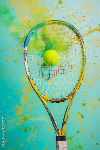 tennis racket hits the ball with color explostion on the cort. pastel green and yellow colors © ALL YOU NEED studio