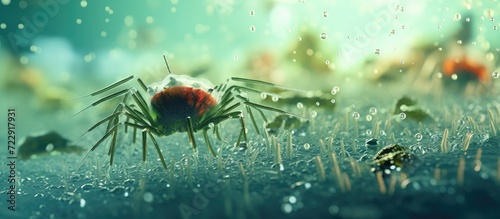 Fresh pond water plankton and algae at the microscope Pond mite. Creative Banner. Copyspace image photo