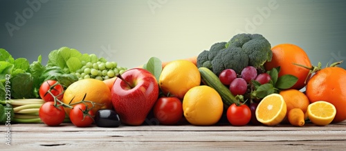 Fresh harvested yellow red and orange fruits and vegetables from market corn and orange tomato and lemon apple and pear grapefruit and carrot. Creative Banner. Copyspace image