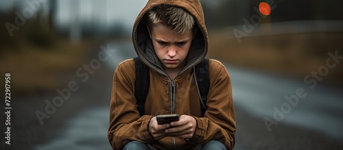 Frustrated teen checking smart phone content standing in the street. Creative Banner. Copyspace image photo