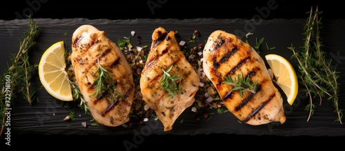 Grilled chicken breasts with thyme garlic and lemon slices on a grill pan close up top view. Creative Banner. Copyspace image