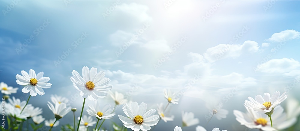How beautifully the white flowers are blooming it looks very beautiful the open sky is full of green nature and the sun is shining around. Creative Banner. Copyspace image
