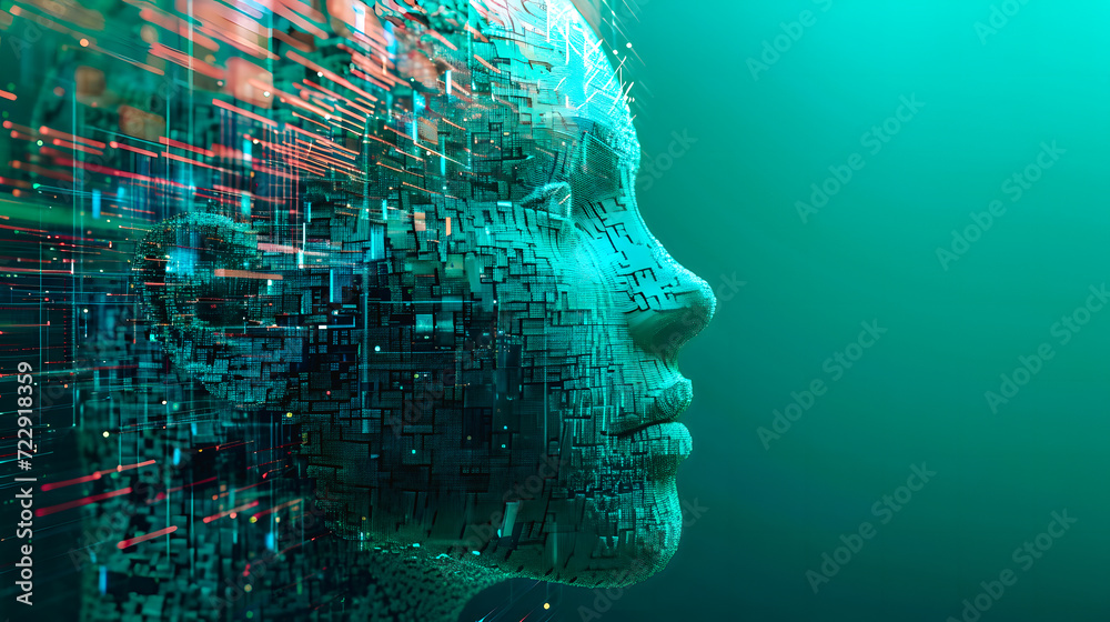 Pixels en mouvement reconstituant un visage à l'intelligence artificielle inclue dans un programme - obrazy, fototapety, plakaty 