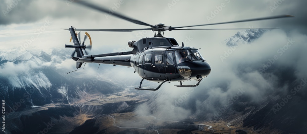 Helicopter gunship conducting high altitude training operations. Creative Banner. Copyspace image
