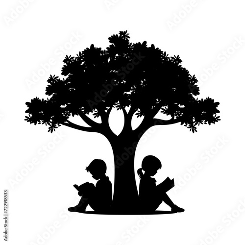 Little boy and little girl reading book under the tree silhouette, love reading, kids reading books