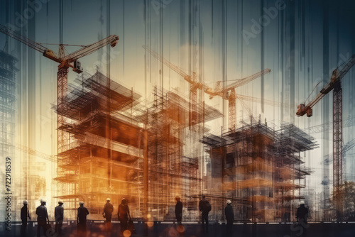 Digital building construction engineering with double exposure graphic design. photo