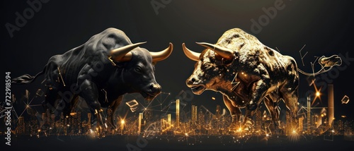 bull and bear financial infograhic stock market chart award in gold and black color with copyspace area as wide banner - Generative AI photo