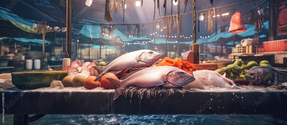 Fresh seafood photographed in fish market. Creative Banner. Copyspace image