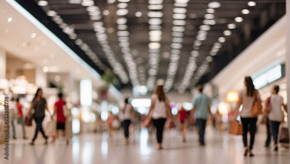 Heavy traffic in the shopping center. Many people doing shopping in a modern shopping center. Blurry images throughout the workday create an atmosphere of non-stop activity in this busy shopping hub