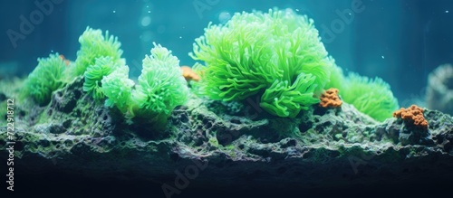 Green cyanobacteria attached on the rock in reef aquarium tank. Creative Banner. Copyspace image photo