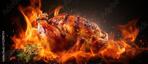 Grilled chicken thigh on the flaming grill. Creative Banner. Copyspace image photo