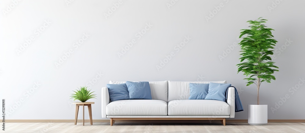 Grey lamp above white wooden coffee table next to blue elegant couch in bright living room interior with plant in black pot and scandinavian ladder. Creative Banner. Copyspace image - obrazy, fototapety, plakaty 