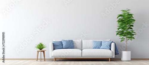 Grey lamp above white wooden coffee table next to blue elegant couch in bright living room interior with plant in black pot and scandinavian ladder. Creative Banner. Copyspace image photo