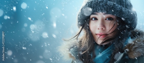 happy girl in ear muffs warm scarf and winter attire standing under falling snow on turquoise. Creative Banner. Copyspace image