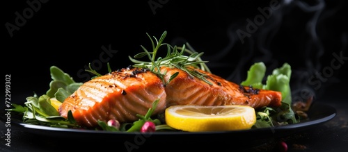 Grilled Salmon with fresh salad and lemon Selective focus. Creative Banner. Copyspace image