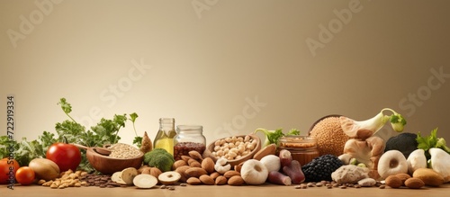 Healthy food rich in vitamin B3 niacin with structural chemical formula of niacin Natural food sources of vitamin B3 seeds nuts meat legumes mushroom peanuts Healthy diet eating. Creative Banner photo