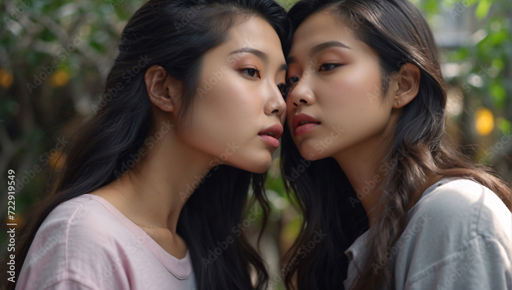 Sweet Asian gay LGBT couple in summer garden. A morning full of happiness and love. Lifestyle. LGBT Asian lesbian couple. Two sexy lesbian babes kissing. Love pride month concept Sweet Asian gay LGBT couple in summer garden. A morning full of happiness and love. Lifestyle. LGBT Asian lesbian couple. Two sexy lesbian babes kissing. Love pride month concept
