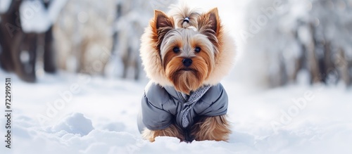 Funny cute Yorkshire Terrier dog in a warm suit overalls walking in a countryside at cold frosty winter day Doggie in warm shoes boots playing in the snow Clothes for lovely pets for walk outdo photo