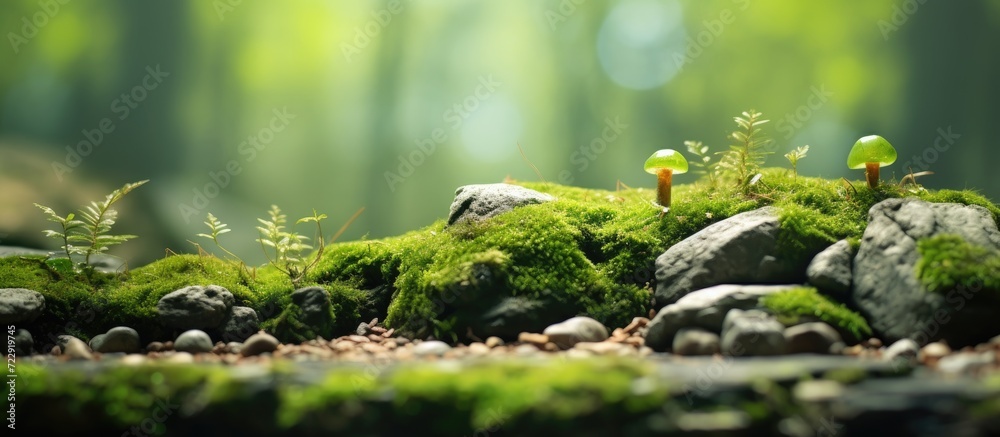 Green moss grows on rocks and trees selective focus. Creative Banner. Copyspace image Green moss grows on rocks and trees selective focus. Creative Banner. Copyspace image