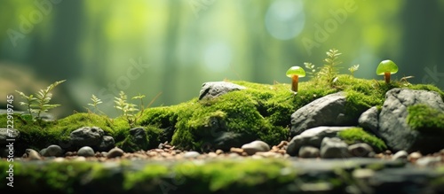 Green moss grows on rocks and trees selective focus. Creative Banner. Copyspace image