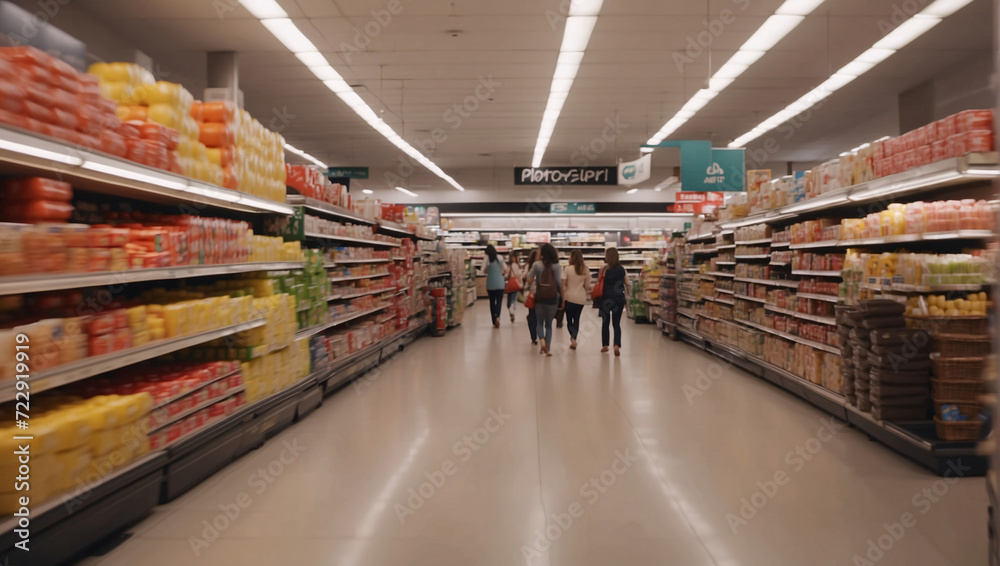 At extensive grocery megamarket, shoppers happily stock up on groceries. During visit to supermarket visit, shoppers fill baskets with diverse products. Store caters all their needs. Convenience store