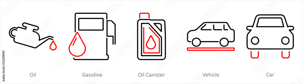 A set of 5 Car icons as oil, gasoline, oil canister A set of 5 Car icons as oil, gasoline, oil canister