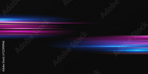 Neon lines moving light effect. Horizontal lines. Speed ​​effect on a transparent background. Lines of light, speed and movement. blue and red.	