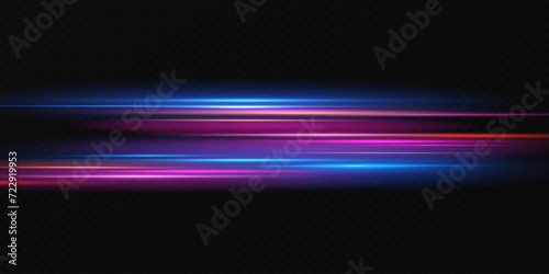 Neon lines moving light effect. Horizontal lines. Speed ​​effect on a transparent background. Lines of light, speed and movement. blue and red.	