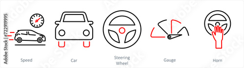 A set of 5 Car icons as speed, car, steering wheel
