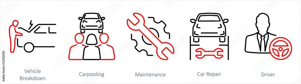 A set of 5 Car icons as vehicle breakdown, carpooling, maintenance