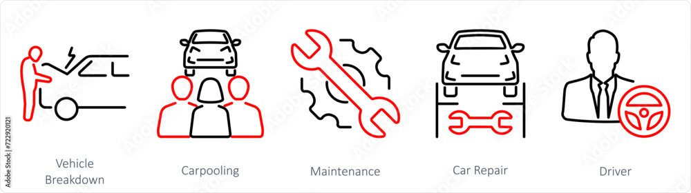 A set of 5 Car icons as vehicle breakdown, carpooling, maintenance A set of 5 Car icons as vehicle breakdown, carpooling, maintenance