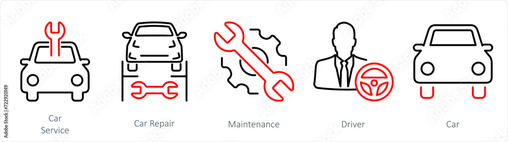 A set of 5 Car icons as car service, car repair, maintenance