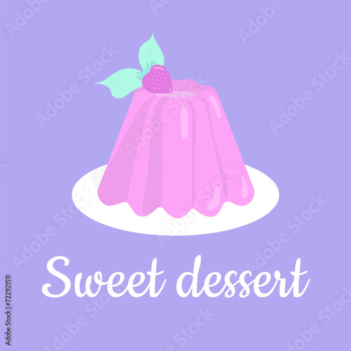 Pink glossy Jelly on plate. Light Sweet Dessert. Low-calorie delicious Food. Cartoon Vector Illustration