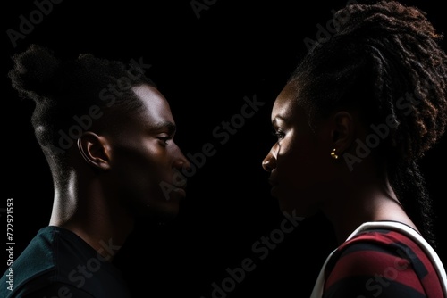 Dramatic side view of two young African American people on black background. African american model profile shot