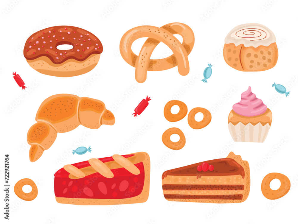 A hand-drawn set of pastries and sweets. a piece of torah, pie, cupcake, sweets, bagels, pretzels for tea, cookies hand-painted on a white background A hand-drawn set of pastries and sweets. a piece of torah, pie, cupcake, sweets, bagels, pretzels for tea, cookies hand-painted on a white background